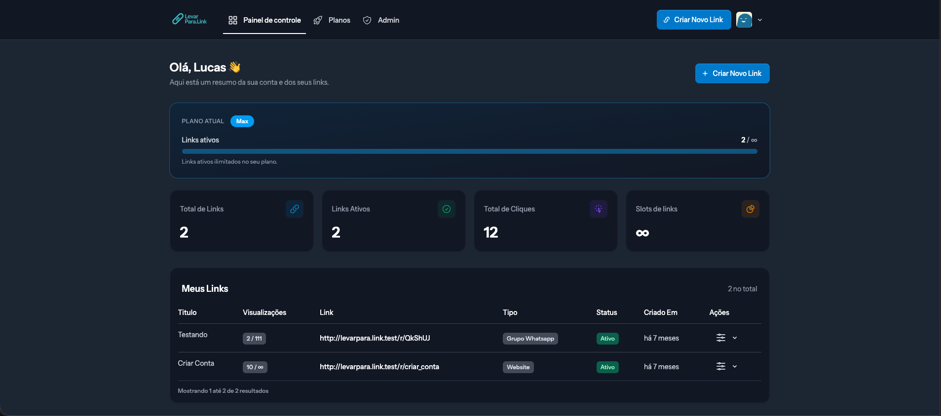 Painel do Levar Para Link: lista de links com cliques e status